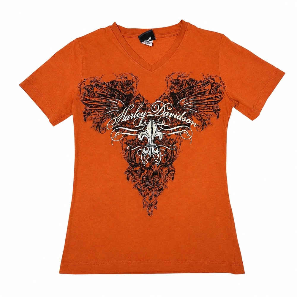 Harley-Davidson Womens V-Neck Graphic Tee Orange Fleur De Lis Rhinestone Size M